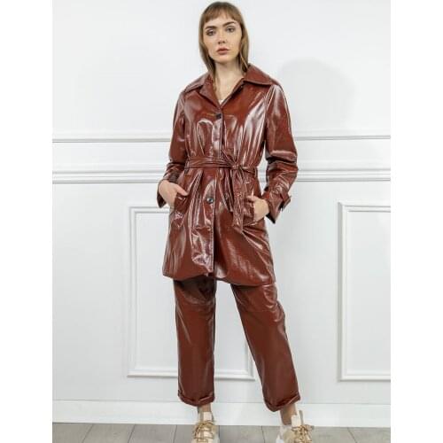 2020 Women Trench Coat Windbreak Outwear Wrinkled Autumn Winter Sexy Leather Jacket