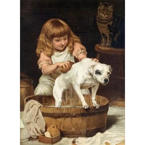 Girl Bathing Puppy Needlework,Cross stitch kits Stylish for Embroidery,14CT White canvas DIY Handmade Decorative paintings