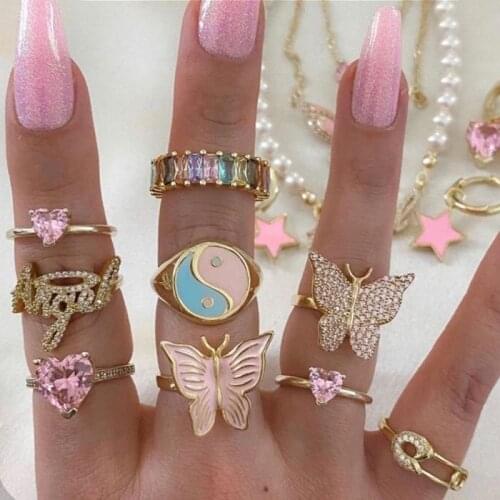 Y2K Jewelry Pink Butterfly Rings for Women 90s Aesthetic Colorful Charms Vintage Cute Shiny Crystal Ring 00s Style Friends Gifts