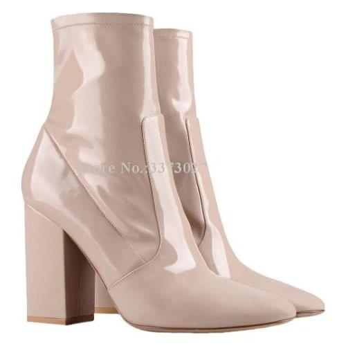 Women Nude Color Chunky Heel Ankle Boots Fashion Design Casual Winter Boots Large Size Lady Short Boots Dropship