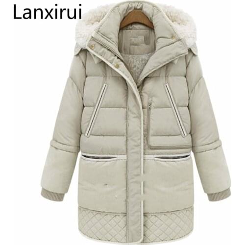 Autumn And Winter Woman Down Coat Women Hooded Artificial Lamb Wool Jackets Zipper Warm Long Coats White Duck Down Coats