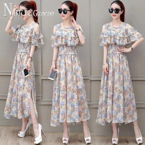 2020 Summer Expose Shoulder Women Chiffon Dress Ruffles Flower Printed Female Dresses
