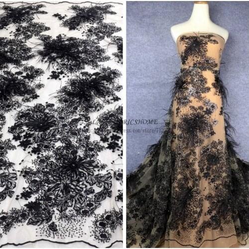 1 yard black/Off white evening lace fabric handmade 3D flowers pearls rhinestones feather and sequins on mesh lace fabric