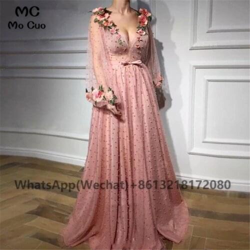 2021 Muslim A-line Evening Dresses Prom Gown Deep V neck Long Sleeves Tulle Pearls Flowers Dubai Saudi Arabic Evening Dress