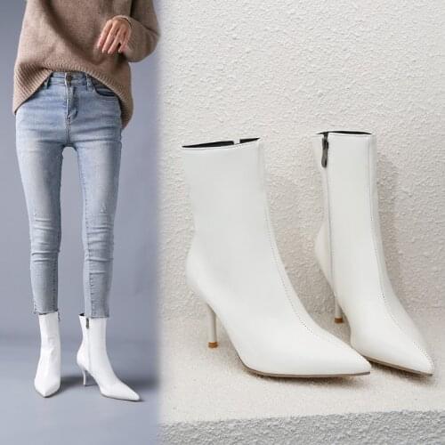 The New Patent Leather Ankle Boots Women winter Autumn Square High Heel Zipper Boots pointed Toe Woman Shoes white Red Black 39