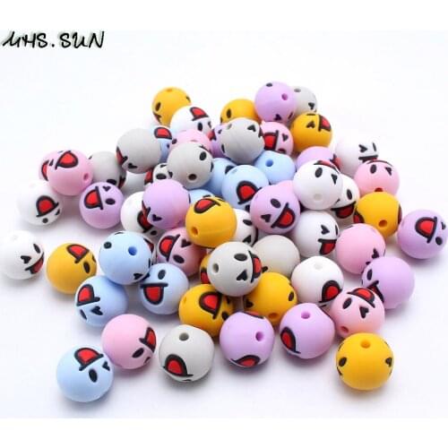 MHS.SUN Food grade Silicone Beads Smiling Face Baby Round Beads Teething Teether For Soft Chew Necklace Jewelry Making 10PCS