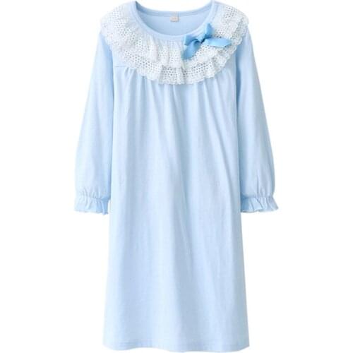 Girls Princess Cotton Nightgowns 4-20 Yers Autumn Long Sleeve Nightdress Knitted Pajamas Kids Bud Silk Sleepwear