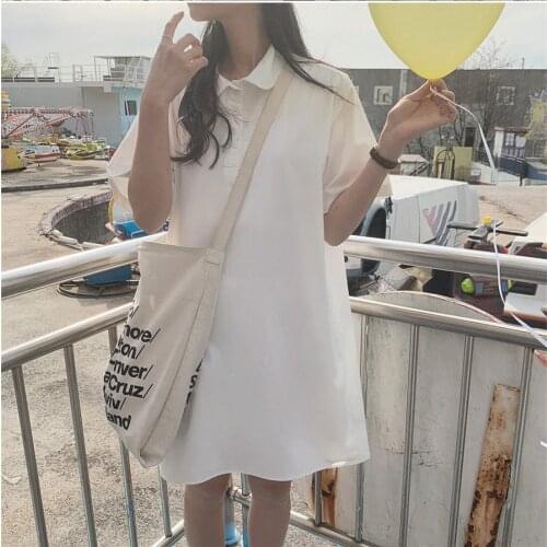 Students plus size New loose straight girls Dress Summer dress white blue collar solid short Sleeve Women Dresses Robe Vestido