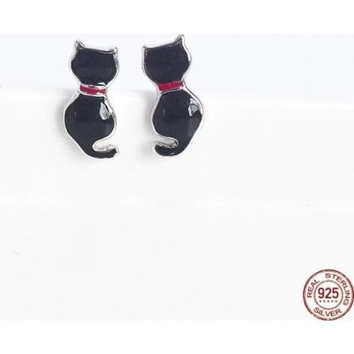 LKO 925 Sterling Silver Cute Black Cat Stud Earrings Chic Fashion Simplicity Animal Jewelry For Women Gift Accessories
