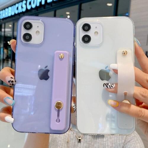 Wrist Strap Holder Clear Solid Candy Phone Case For iPhone 11 12 Pro XS Max 12Mini 7 8 Plus SE 2020 X XR Soft TPU Silicone Cover
