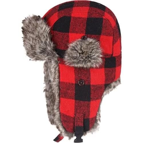 2019 New Winter Hats For Mens Bomber Hat Fur Red Warm Earflap Cap Windproof Women Thicker Plaid Russian Ushanka Hat Black Red