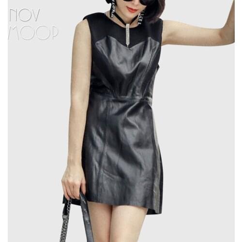 Novmoop 2020 french black dress sleeveless genuine leather dress sheepskin with patched fabric Robe en cuir LT3261