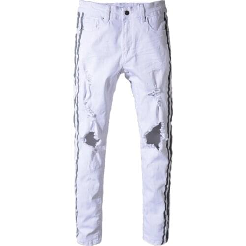 New mens male trousers street brand summer white ripped jeans male hair stylist slim slimming dnim pants 5342