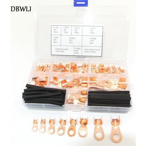 Open Barrel Wire Crimp Copper Ring Lugs Terminal Connector Heat Shrink Tube Assortment Kit - OT 10A 20A 30A 40A 50A 60A 80A 100A