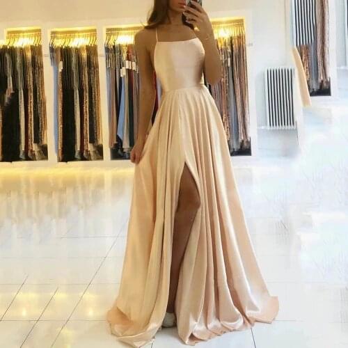 Champagnes Satin A Line Prom Dresses Spaghetti Strap High Split Women Evening Dress Formal Sleeveless Party Gowns Court Train