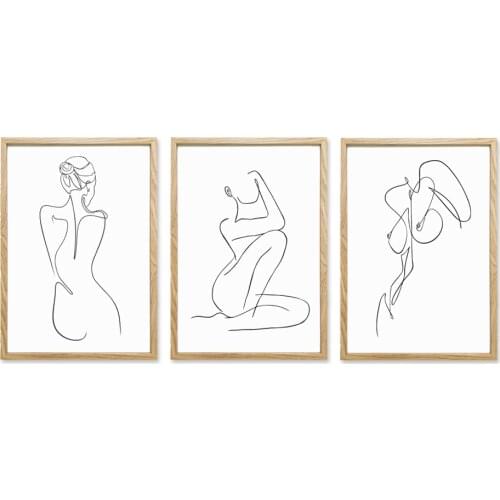 Nordic oak wood wall frame framed art on female figure linedrawing art with plexi glass
