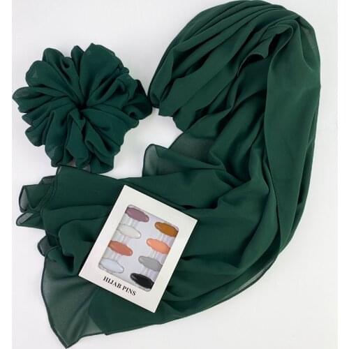 Luxury Chiffon Hijab Scrunchie Box Pins Scarf Accessories Wrap Solid Color Shawls Headband Muslim Headscarf Foulard Femme