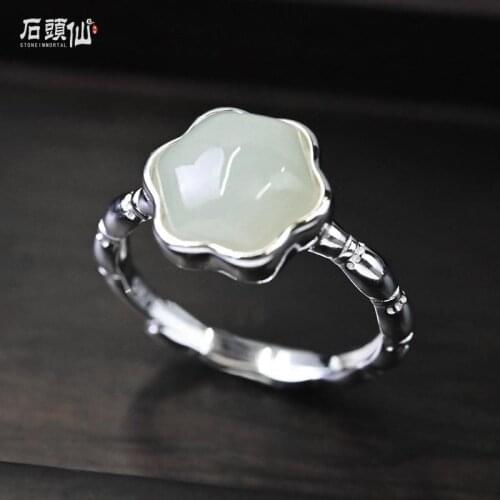 S925 Sterling Silver Ring Female Natural Hetian Jade Flower Personality Retro with Opening Adjustable Simple Ring Ring Ornament