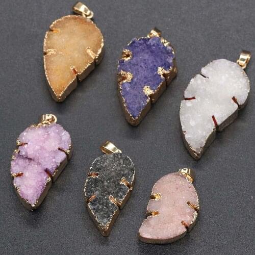 Trendy Natural Druzy Agates Stone Pendant Leaf Shape Cluster Crystal Charms for DIY Necklace Making Fine Jewelry Accessories