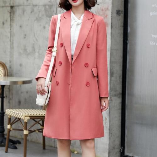2021 Spring Autumn Women Fashion Long Blazers And Jackets Chic Double Button Casual Office Suit Coat Ladies Elegant Outwear