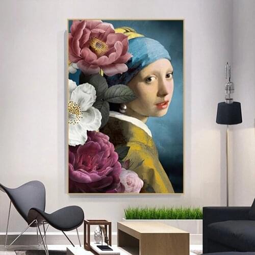 Vintage Wearing Pearl Earrings Girl Oil Painting on The Wall Posters Prints Flowers Wall Art Picture for Living Room Home Decor