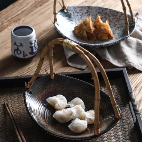 Japanese Ceramic Sushi Plate Hotel Tableware Creative Portable Bamboo Hanging Plate Fruit Basket Dinner Plates Dessert Dishes