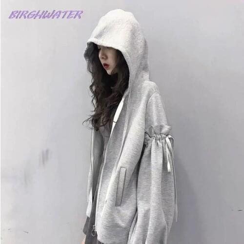 Harajuku Womans Loose Fleece Zip Up Gray Hoodies Korean Lantern Sleeve All Match Jacket Overisze Casual Sweatshirts Female