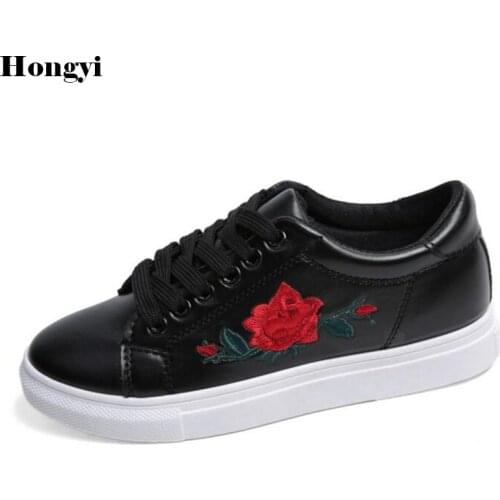 Hongyi 2018 Rose Flowers Womens Shoes Spring Fall Embroider Flat Footwear White/Black Casual Shoes Lace Up Trainers Flats