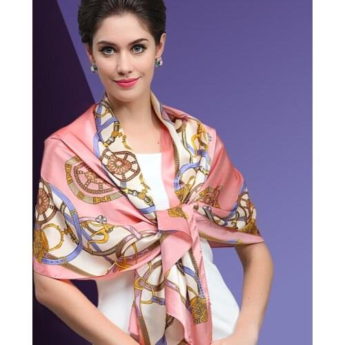 [BYSIFA] Autumn Winter Pink Silk Scarf Shaw Women Long Pure Silk Satin Scarves Lengthened New Chain Design Scarf Pink,Gold,Blue