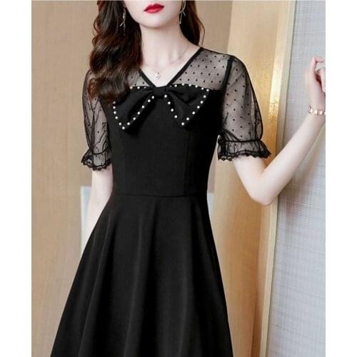 Women waist slim v-neck lace beaded bow a dress 2021 summer new womens clothing maxi dress chinese fashion