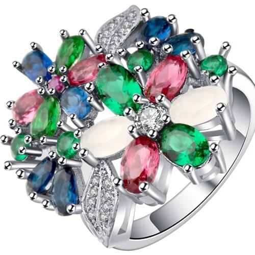 Brand Female Pink blue flower Ring Silver color Filled Vintage Wedding Engagement Rings For Women luxury finger rings jewelry