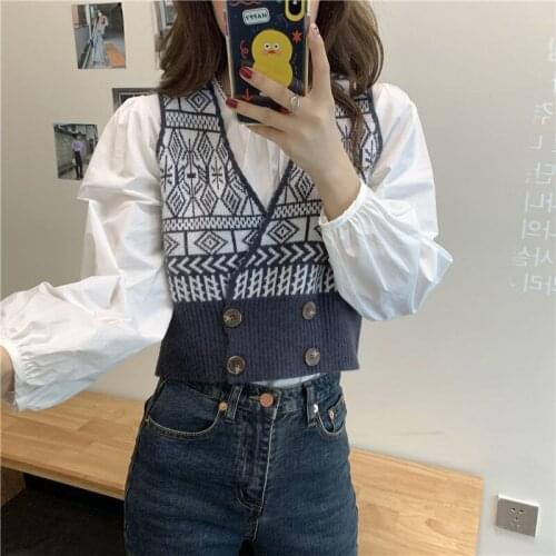 Autumn and winter new vest Korean V-neck knitted shoulder retro printed sweater with short and versatile wool vest