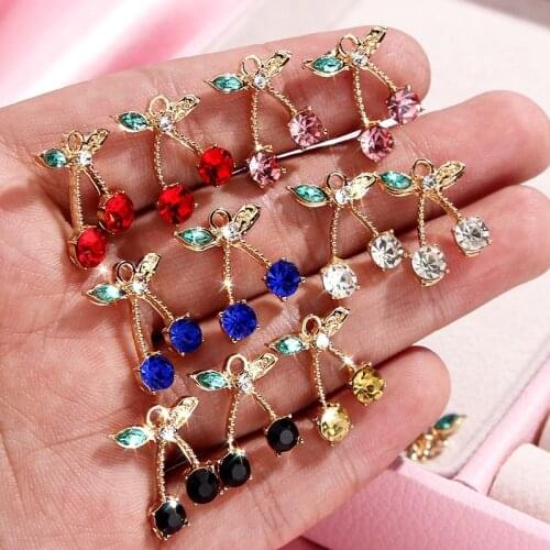 10Pcs 3 Style Crystal Cute Leaf Cherry Charms Shiny Rhinestone Fruit Plant Pendant Wholesale For DIY Fashion Earring Accessories