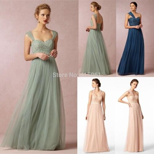 2018 Cheap Imported Mint Green Navy Blue Long Bridesmaid Dresses Removable Straps Halter Lace Dress For Weddings Tulle