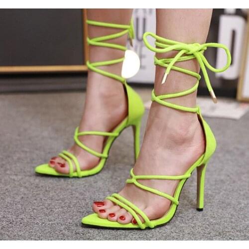 2019 European and American Foreign Trade Ankle Strap Pointed High Heels Fluorescence Green High Heel Cool Shoes 128-58