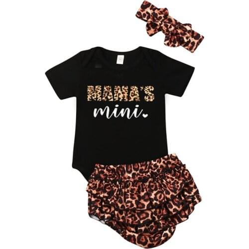 2020 New Summer Toddler Newborn Baby Girl Leopard Outfit Clothes Romper Ruffle Shorts Headband 3pcs
