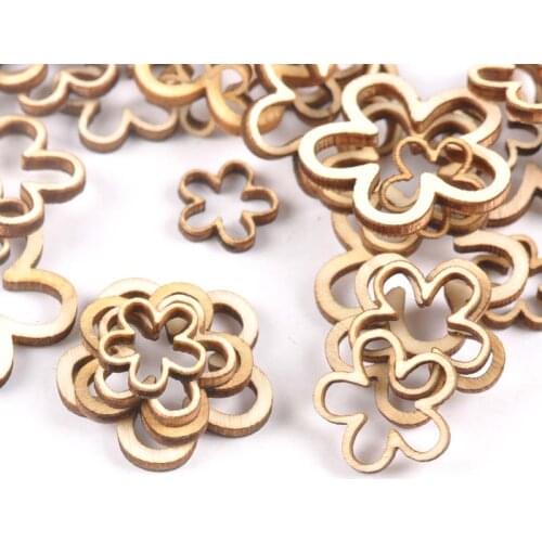 50pcs 15-30mm Hollow Flower Shape Wood For Scrapbooking Handmade DIY Carfts Wooden Embellishment Home Decor Orname m2179