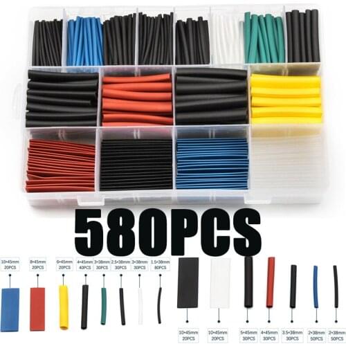 580PCS Heat Shrink Tubing Ratio 2:1 Insulation Shrinkable Tube Wrap Car Electrical Wire Cable Sleeve Tubes Kit 1mm-10mm