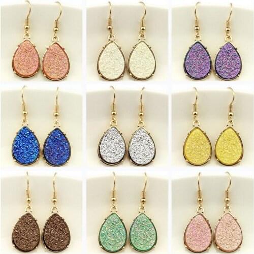 9 Colors 2020 Resin Druzy Teardrop Earrings for Women Gold Fashion Water Drop Statement Drusy Earrings Popular Jewelry Wholesale