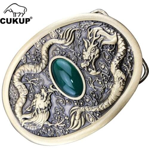 CUKUP Double Chinese Dragon Decorative Brass Slide Buckle Metal Real Jade 3.8cm Wide 4cm Belt Cowboy Buckles Only for Men BRK023