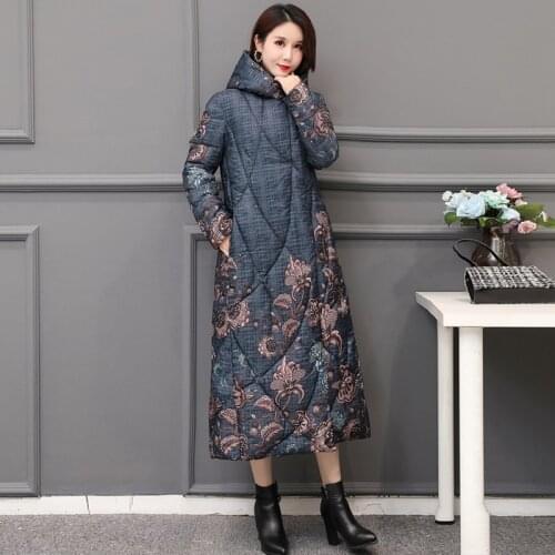 X-Long Winter Thick Down Jacket for Women Hooded Printing Female Thick Coat Ladies Cover Button Long Parkas with Pockets Outwear
