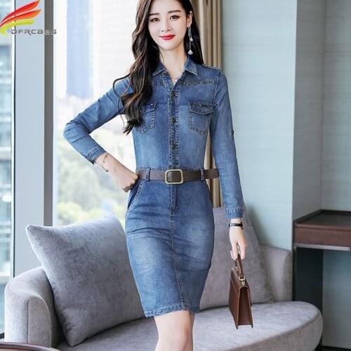 Denim Dress 2020 Autumn New Arrivals Turn-down Collar Long Sleeve Pockets Pencil Dress With Belt Slim Elegant vestidos jeans