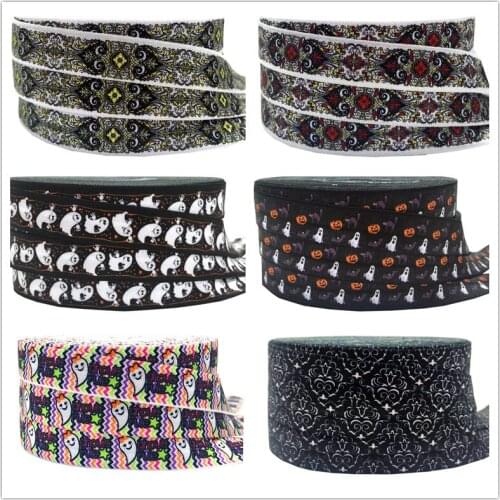 16mm Black Cat Ghouls Bat Print Fold Over Elastic Halloween Cartoon Elastic band DIY Holiday party decoration gift ribbon 10yard