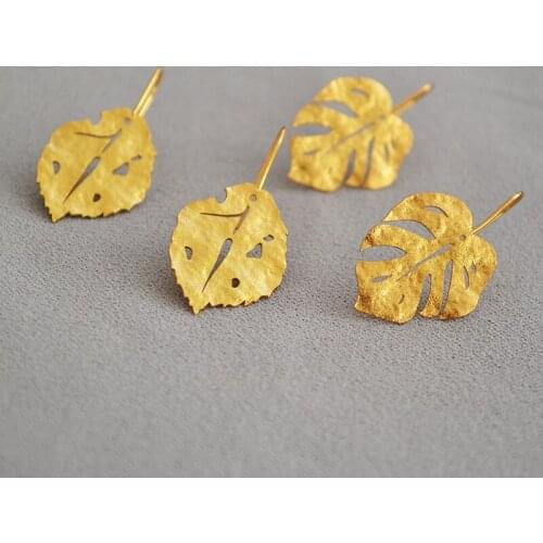 European And American Fashion Pure Copper Plated Real Gold Frosted Grainy Golden Leaves Personality Temperament Earrings Women