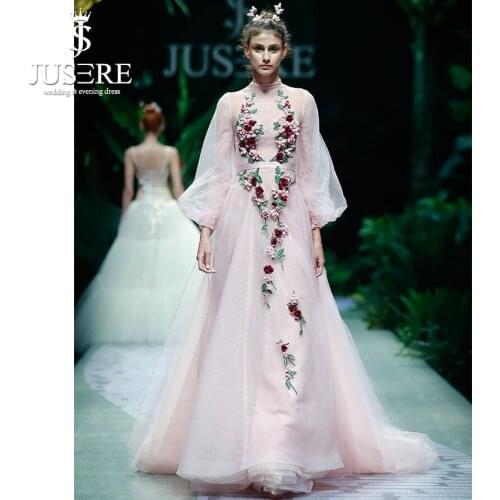 Jusere Beijing Fashion Show High Neckline Soft Tulle A line 3D Flowers Hand Craft Long Sleeves Fairy Pink Evening Party Dresses