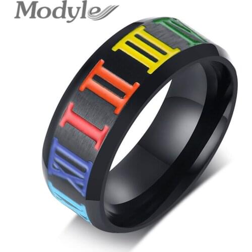 Modyle 2021 New Black Stainless Steel Men Ring Colorful Roman Numeral Gay Pride Rainbow Wedding Ring for Man Woman