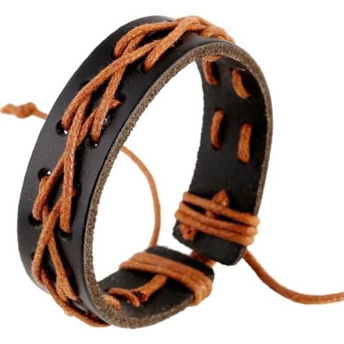 Korea Casual Style Leather Cuff Bracelet Hand-woven Hemp Rope Braided Man Bracelet Jewelry Vintage Genuine Leather Wrap Bangles