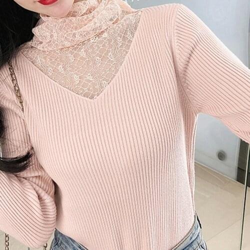 Lace Patchwork Knitted All-match Base 2020 Crop Top Women Lingerie-Style Sweater Sexy Korean Fashion Longsleeve Sheer Turtleneck