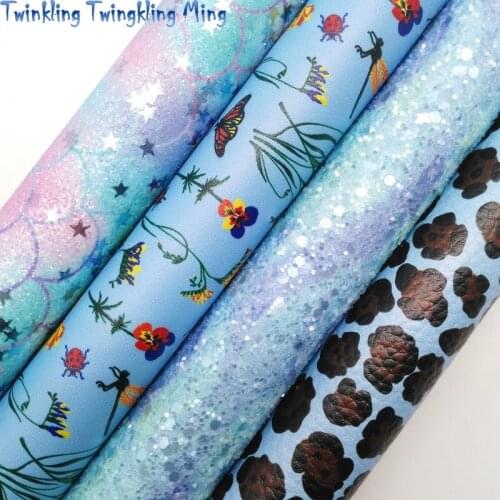 Twinkling Twinkling Ming Blue Mermaid Glitter Leather Fabric with Silver Stars Leopard Synthetic Vinyl Fabric 21X29CM KM521