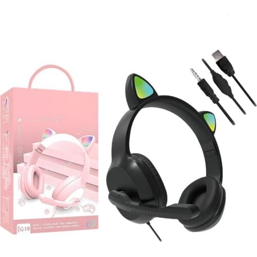 New G19 Pink Cat Ear Cute Girl Gaming Headset With Mic Noise Reduction Foldable Stereo Music Helmet Flash Wired Headphone